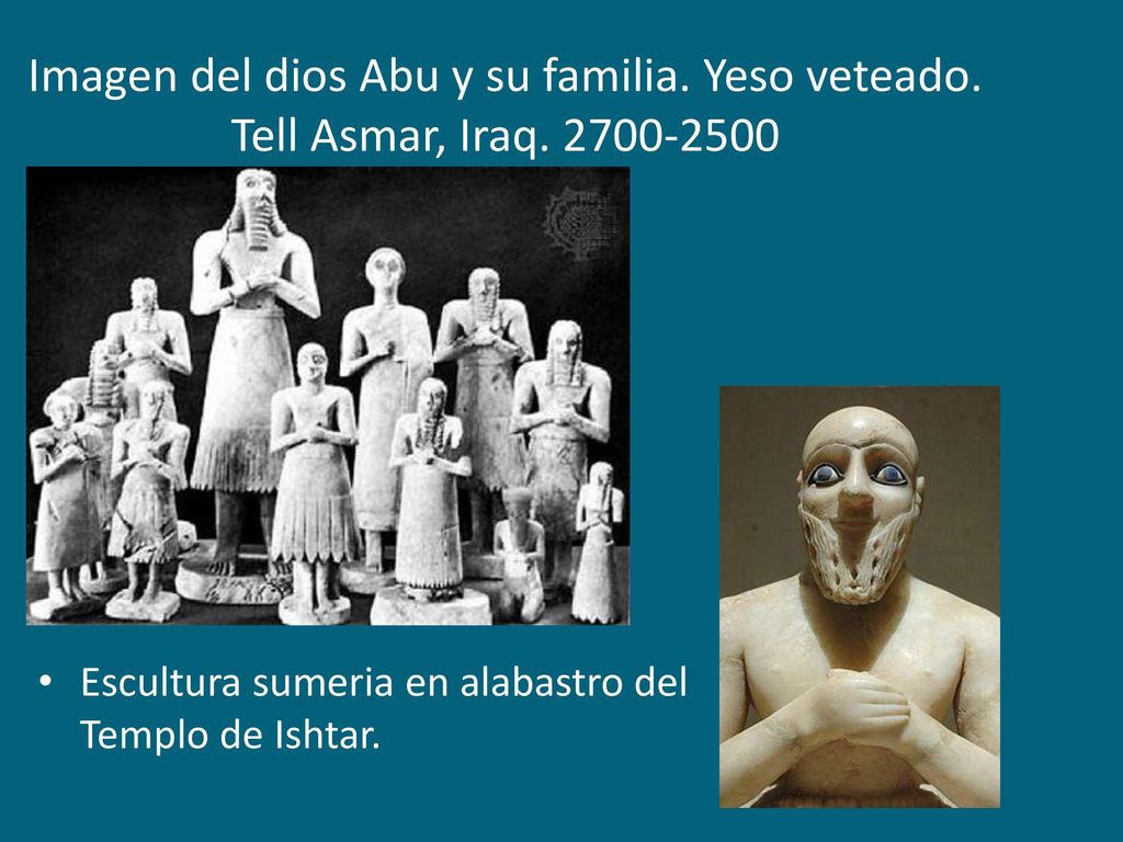 Imagen del dios Abu y su familia. Yeso veteado. Tell Asmar, Iraq