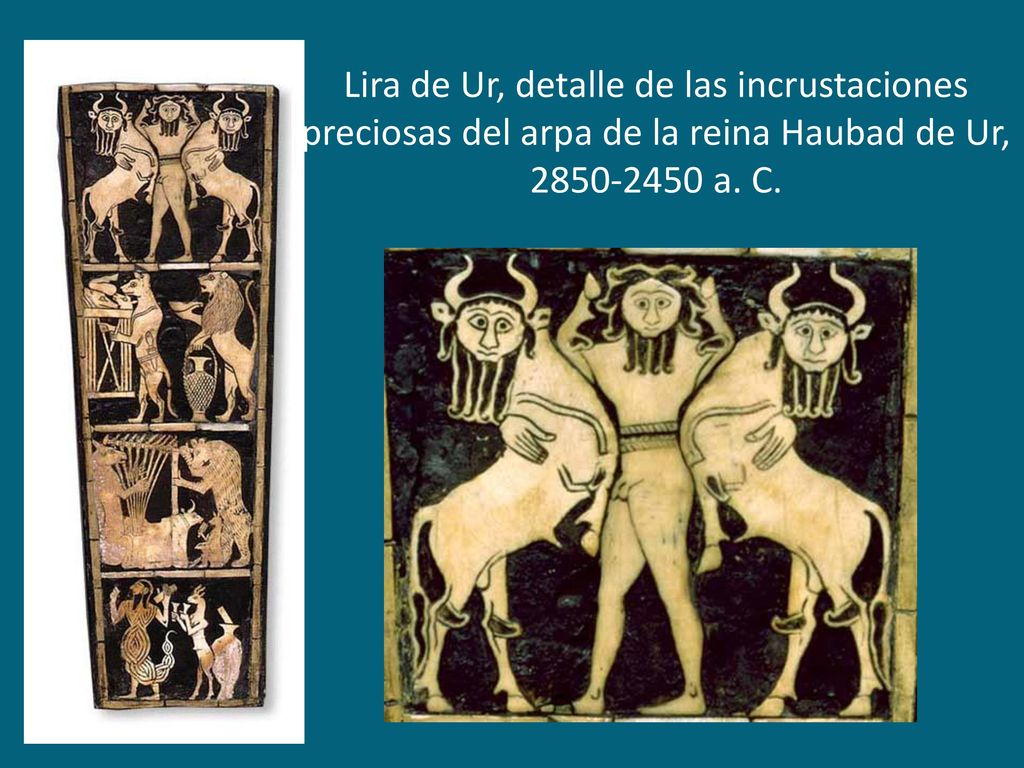 Lira de Ur, detalle de las incrustaciones preciosas del arpa de la reina Haubad de Ur, a.