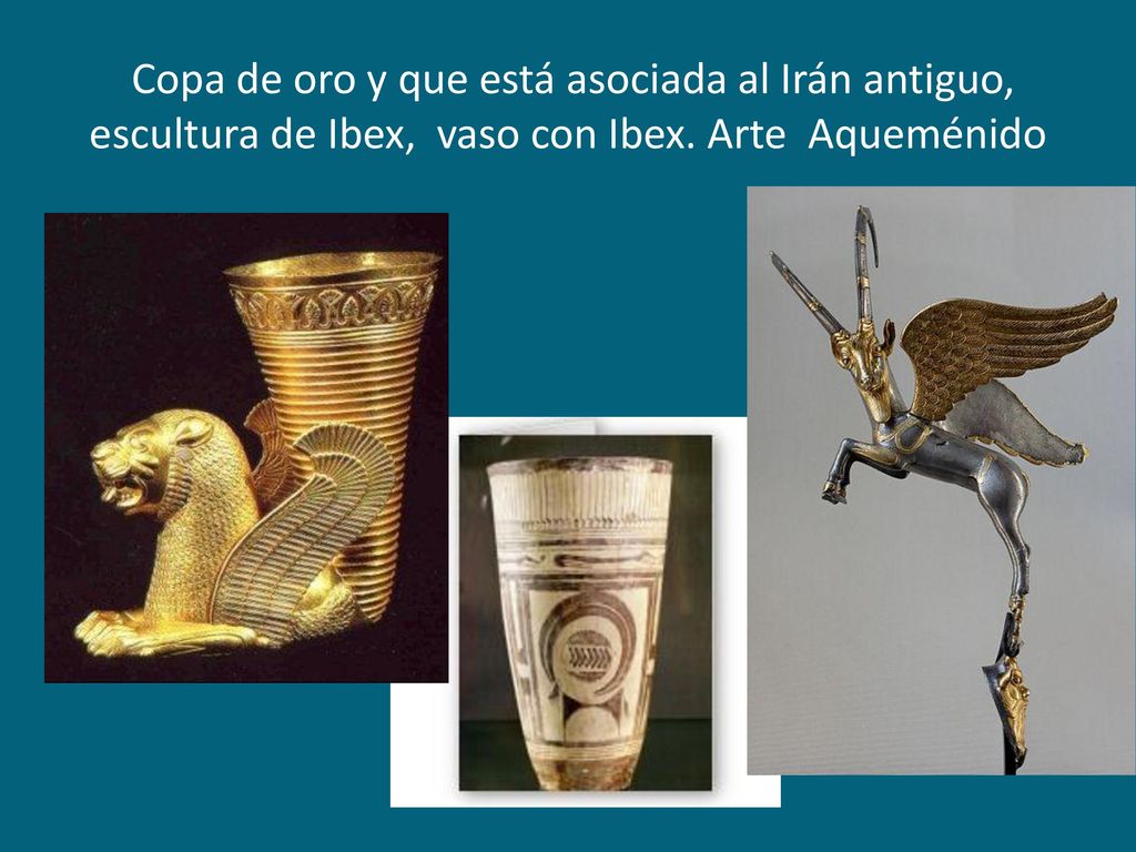 Copa de oro y que está asociada al Irán antiguo, escultura de Ibex, vaso con Ibex. Arte Aqueménido