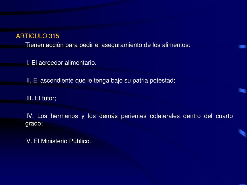ARTICULO 315 Tienen acción para pedir el aseguramiento de los alimentos: I.
