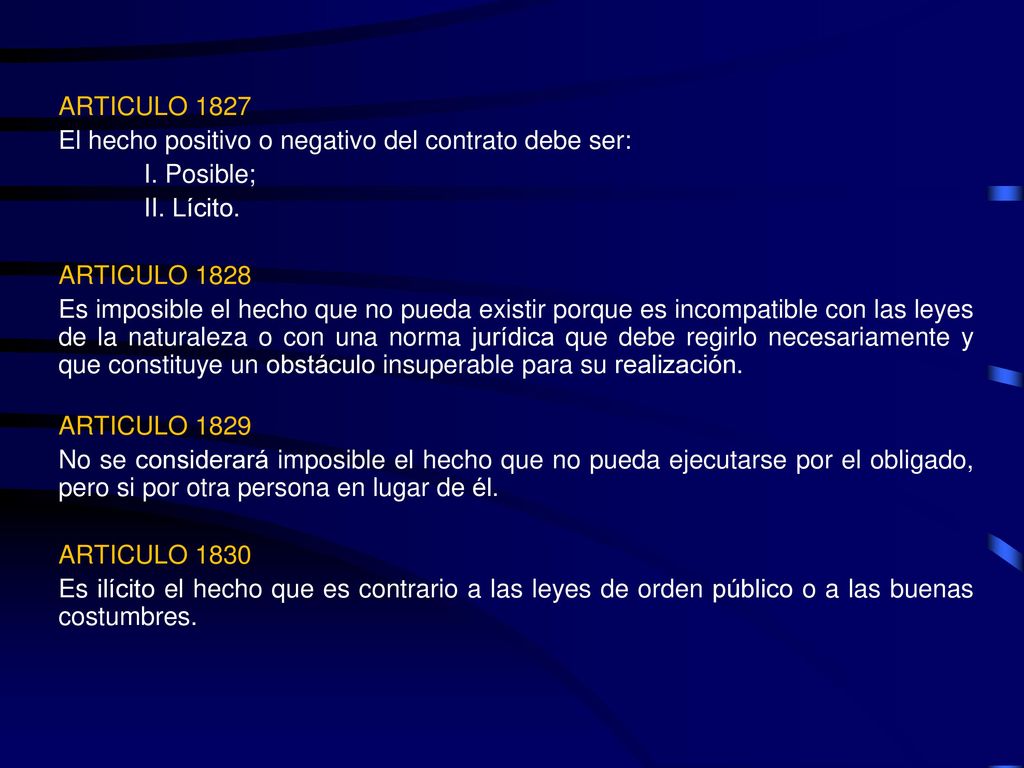 ARTICULO 1827 El hecho positivo o negativo del contrato debe ser: I. Posible; II. Lícito. ARTICULO