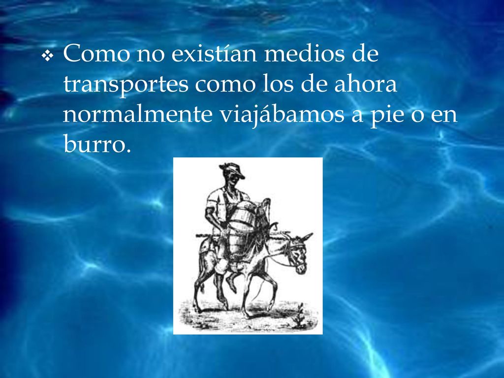 Como no existían medios de transportes como los de ahora normalmente viajábamos a pie o en burro.