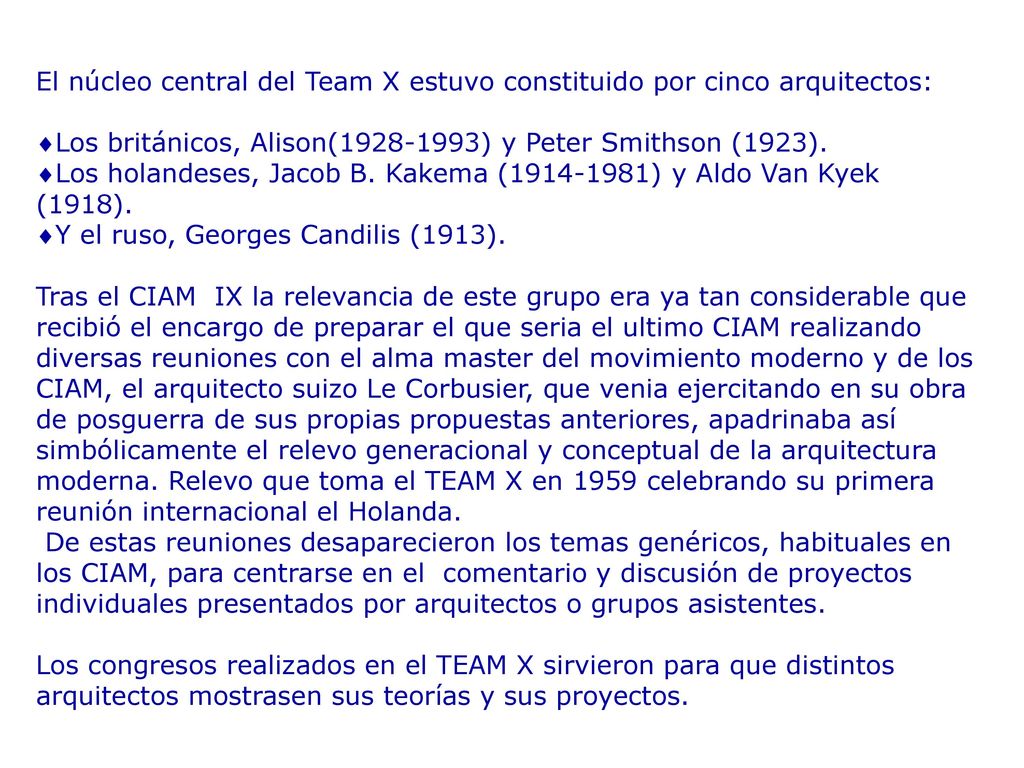 El núcleo central del Team X estuvo constituido por cinco arquitectos: