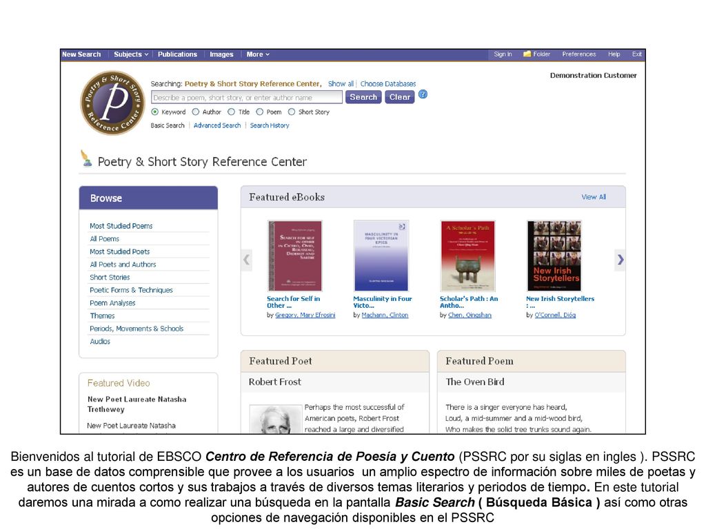 Bienvenidos al tutorial de EBSCO Centro de Referencia de Poesía y Cuento (PSSRC por su siglas en ingles ).