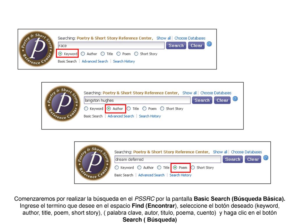 Comenzaremos por realizar la búsqueda en el PSSRC por la pantalla Basic Search (Búsqueda Básica).