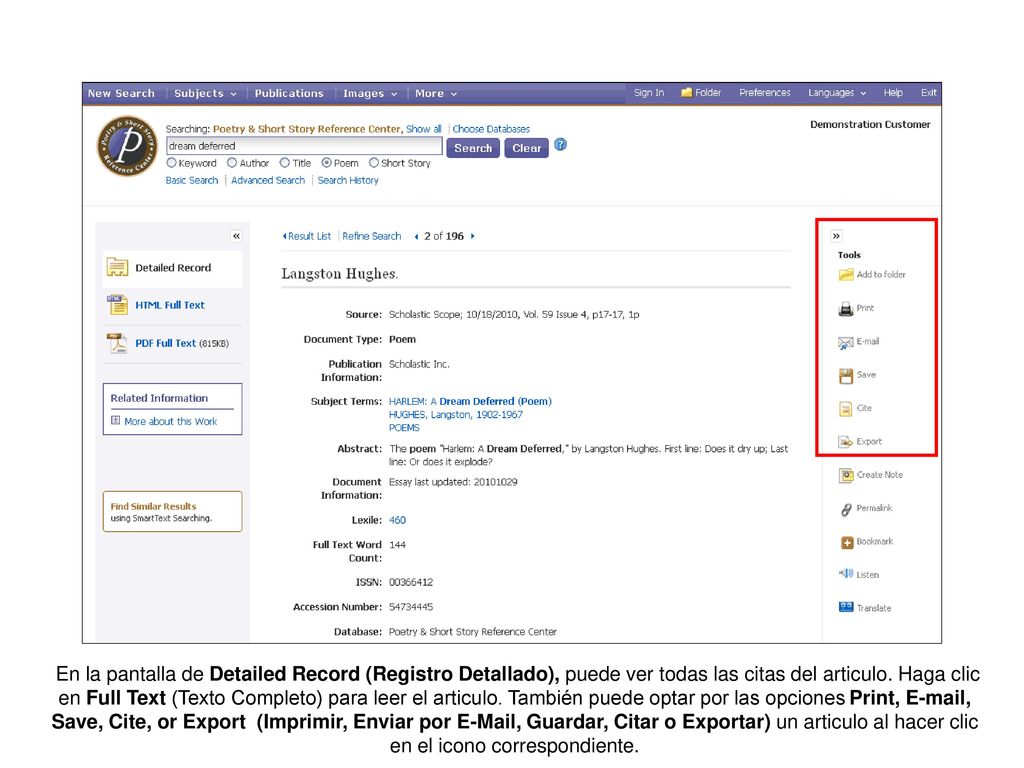 En la pantalla de Detailed Record (Registro Detallado), puede ver todas las citas del articulo.