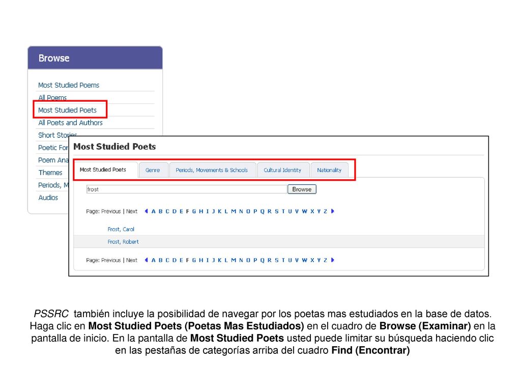 PSSRC también incluye la posibilidad de navegar por los poetas mas estudiados en la base de datos.