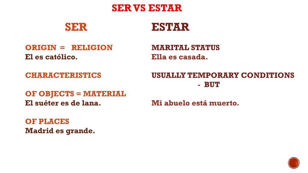 SER ESTAR SER VS ESTAR ORIGIN = RELIGION El es católico.