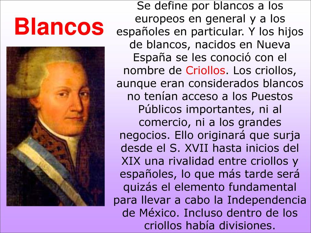 Se define por blancos a los europeos en general y a los españoles en particular. Y los hijos de blancos, nacidos en Nueva España se les conoció con el nombre de Criollos. Los criollos, aunque eran considerados blancos no tenían acceso a los Puestos Públicos importantes, ni al comercio, ni a los grandes negocios. Ello originará que surja desde el S. XVII hasta inicios del XIX una rivalidad entre criollos y españoles, lo que más tarde será quizás el elemento fundamental para llevar a cabo la Independencia de México. Incluso dentro de los criollos había divisiones.