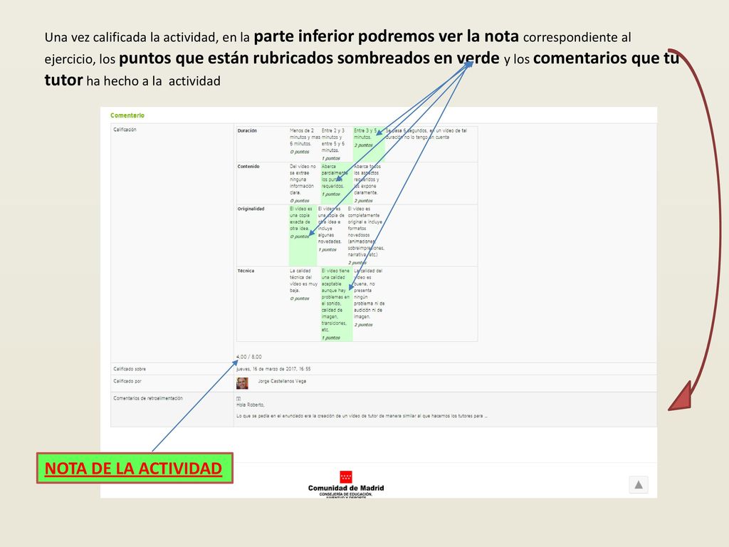 Una vez calificada la actividad, en la parte inferior podremos ver la nota correspondiente al ejercicio, los puntos que están rubricados sombreados en verde y los comentarios que tu tutor ha hecho a la actividad