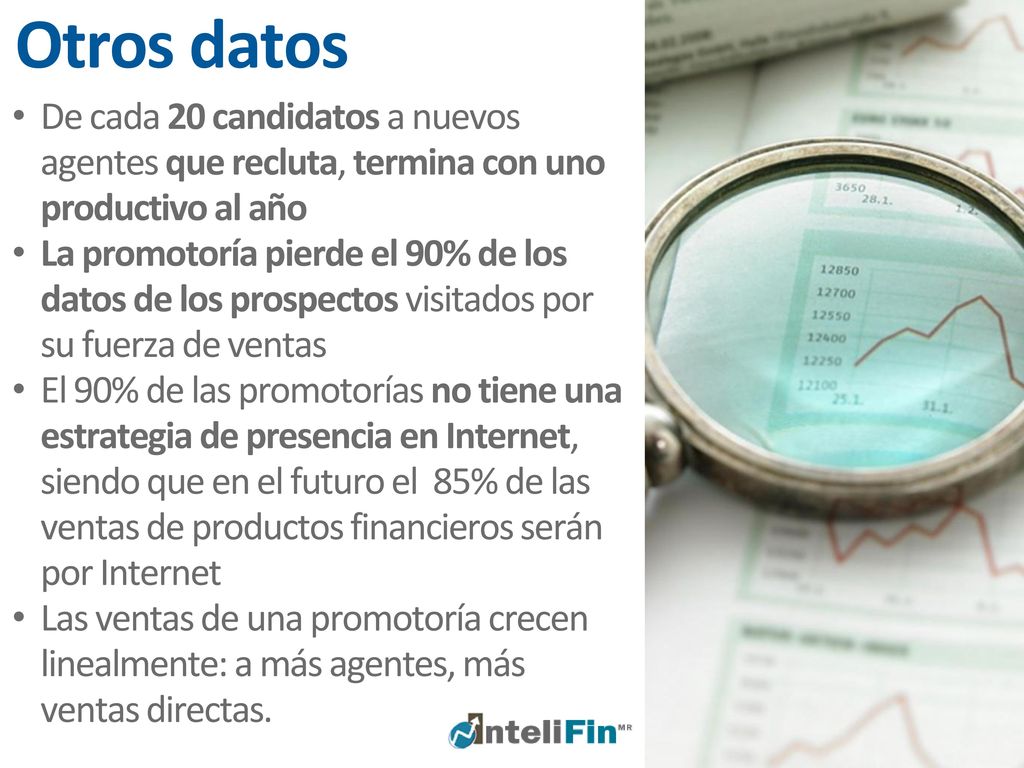 Otros datos De cada 20 candidatos a nuevos agentes que recluta, termina con uno productivo al año.
