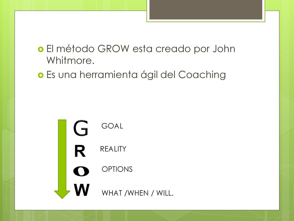 El método GROW esta creado por John Whitmore.