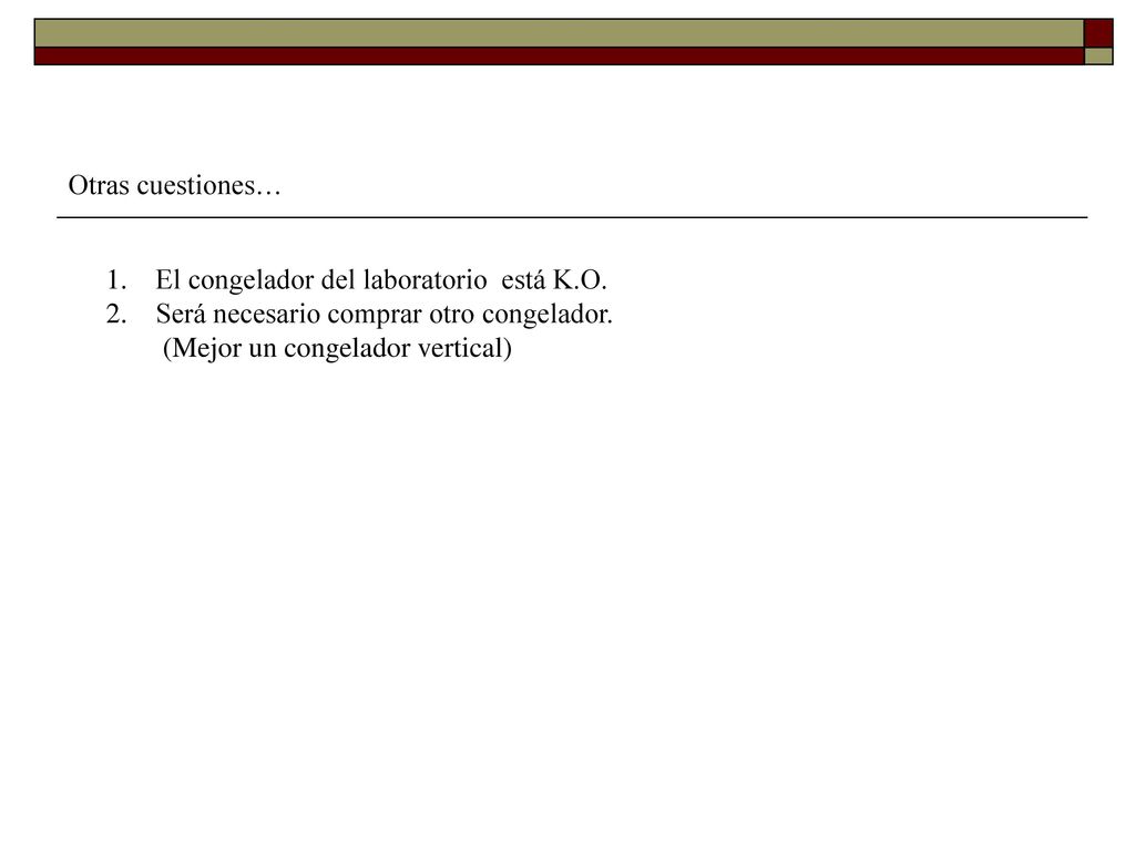 Otras cuestiones… El congelador del laboratorio está K.O. Será necesario comprar otro congelador.