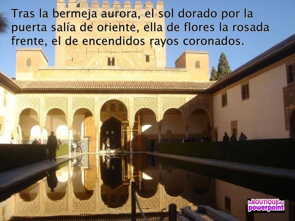 Tras la bermeja aurora, el sol dorado por la puerta salía de oriente, ella de flores la rosada frente, el de encendidos rayos coronados.