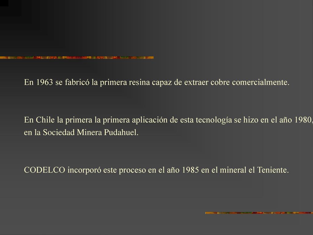 En 1963 se fabricó la primera resina capaz de extraer cobre comercialmente.