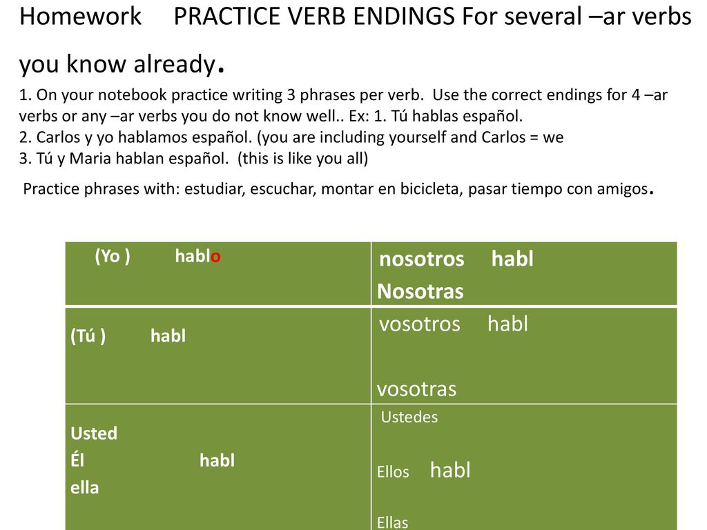 Homework PRACTICE VERB ENDINGS For several –ar verbs you know already