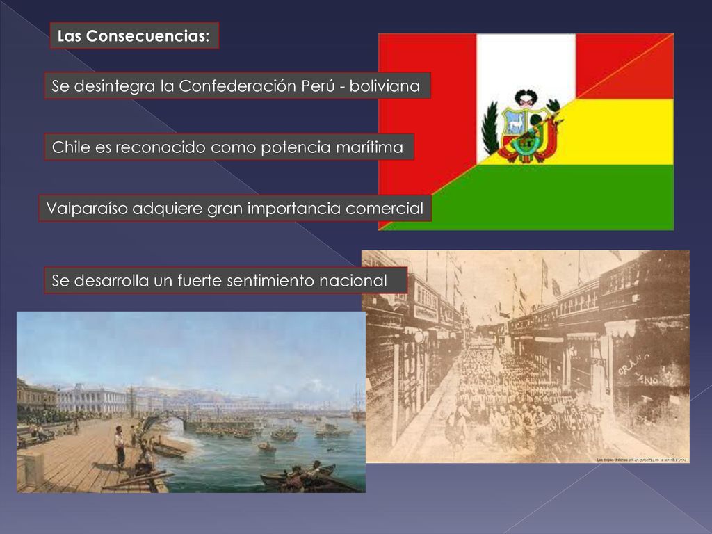 Las Consecuencias: Se desintegra la Confederación Perú - boliviana. Chile es reconocido como potencia marítima.
