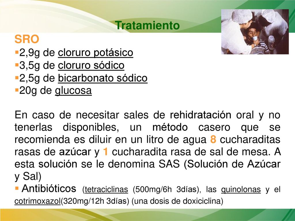 Tratamiento SRO 2,9g de cloruro potásico 3,5g de cloruro sódico
