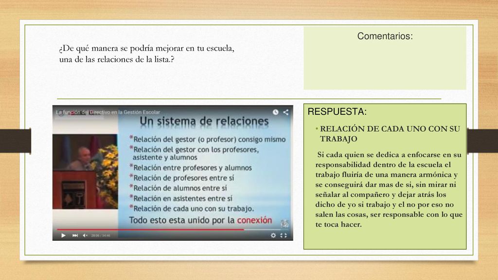 Comentarios: ¿De qué manera se podría mejorar en tu escuela, una de las relaciones de la lista. RESPUESTA: