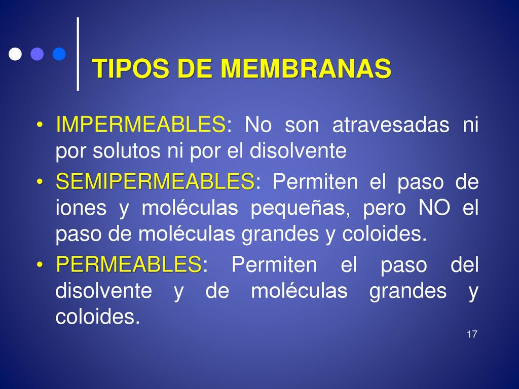 TIPOS DE MEMBRANAS IMPERMEABLES: No son atravesadas ni por solutos ni por el disolvente.