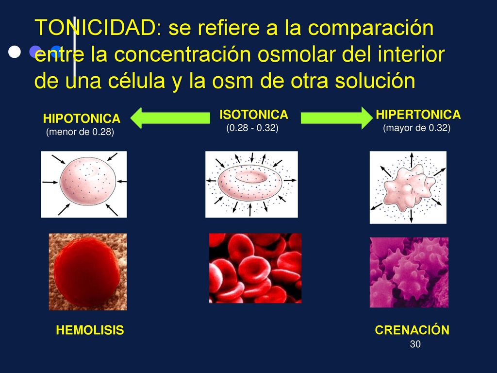 TONICIDAD: se refiere a la comparación entre la concentración osmolar del interior de una célula y la osm de otra solución