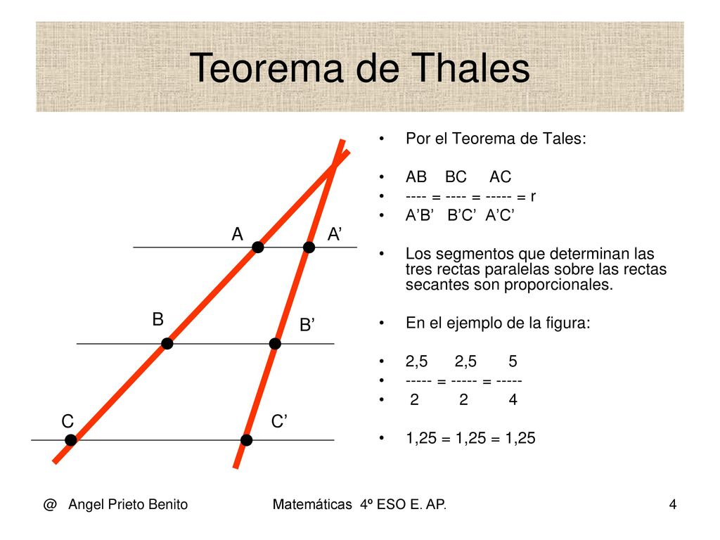 Teorema de Thales A A’ B B’ C C’ Por el Teorema de Tales: AB BC AC