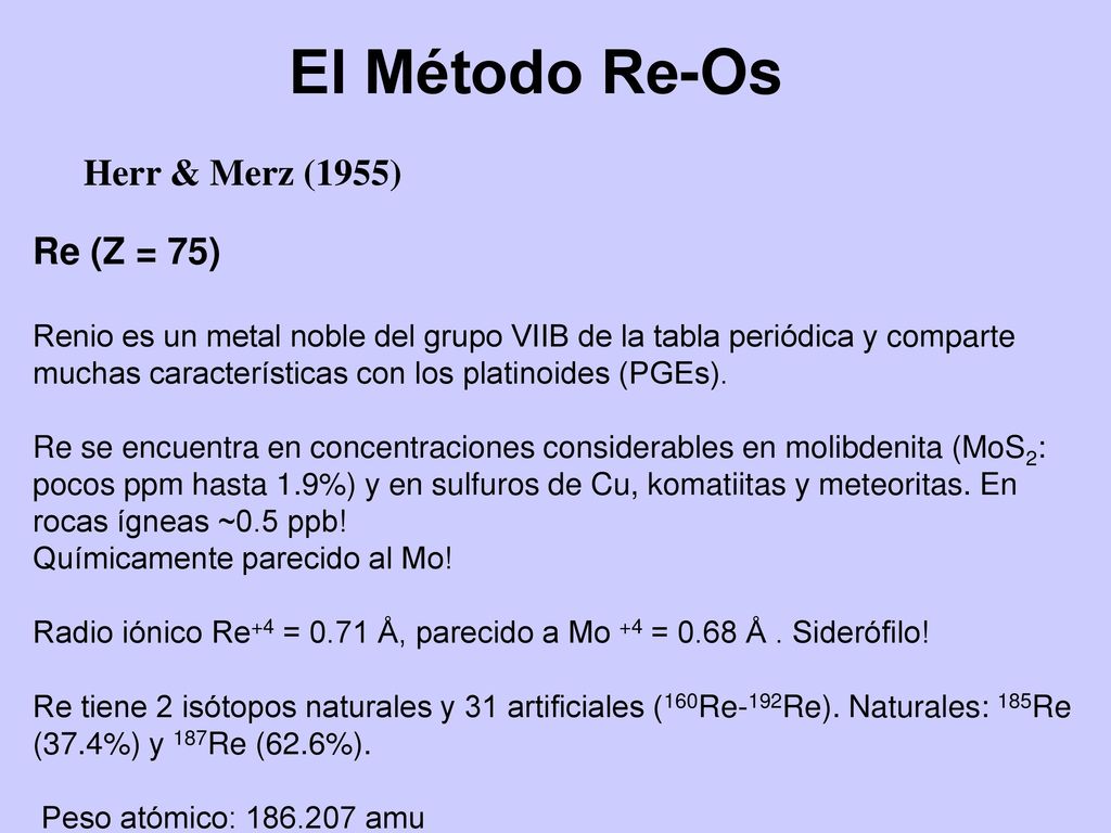 El Método Re-Os Herr & Merz (1955) Re (Z = 75)