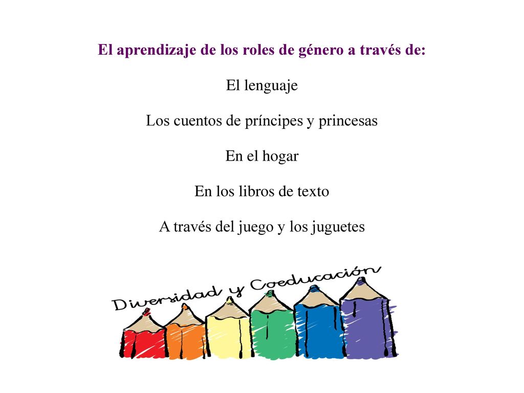 El aprendizaje de los roles de género a través de: El lenguaje Los cuentos de príncipes y princesas En el hogar En los libros de texto A través del juego y los juguetes