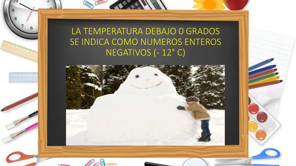 LA TEMPERATURA DEBAJO 0 GRADOS SE INDICA COMO NUMEROS ENTEROS NEGATIVOS (- 12° C)