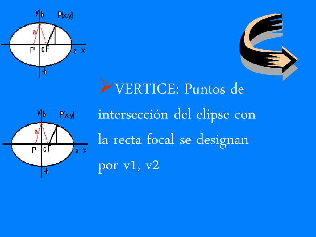 VERTICE: Puntos de intersección del elipse con la recta focal se designan por v1, v2