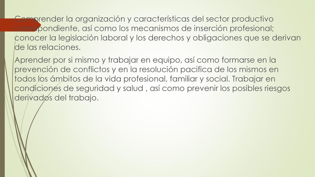 Comprender la organización y características del sector productivo correspondiente, así como los mecanismos de inserción profesional; conocer la legislación laboral y los derechos y obligaciones que se derivan de las relaciones.