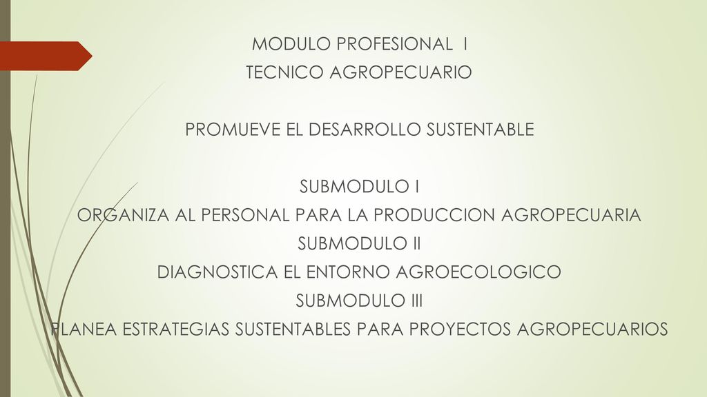 MODULO PROFESIONAL I TECNICO AGROPECUARIO PROMUEVE EL DESARROLLO SUSTENTABLE SUBMODULO I ORGANIZA AL PERSONAL PARA LA PRODUCCION AGROPECUARIA SUBMODULO II DIAGNOSTICA EL ENTORNO AGROECOLOGICO SUBMODULO III PLANEA ESTRATEGIAS SUSTENTABLES PARA PROYECTOS AGROPECUARIOS