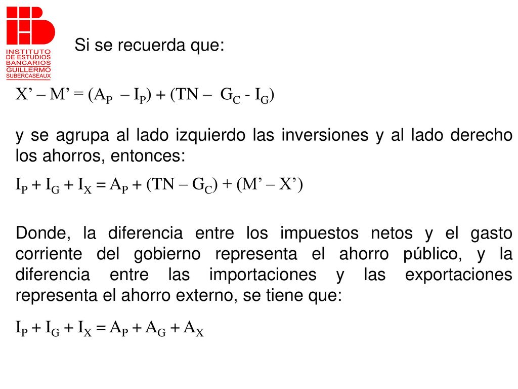 Si se recuerda que: X’ – M’ = (AP – IP) + (TN – GC - IG) y se agrupa al lado izquierdo las inversiones y al lado derecho los ahorros, entonces: