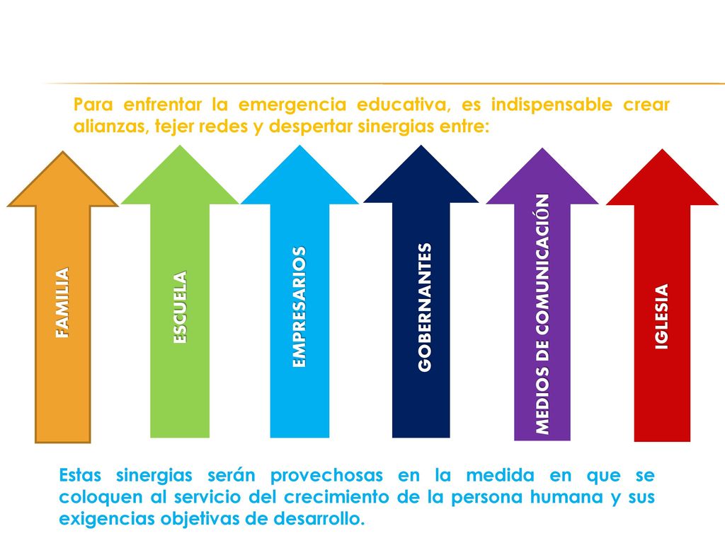 Para enfrentar la emergencia educativa, es indispensable crear alianzas, tejer redes y despertar sinergias entre: