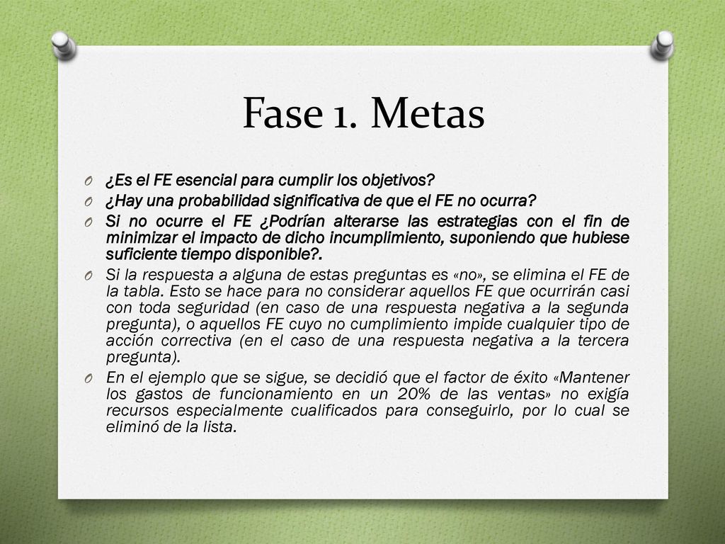 Fase 1. Metas ¿Es el FE esencial para cumplir los objetivos