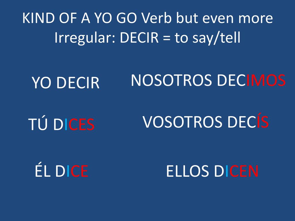 KIND OF A YO GO Verb but even more Irregular: DECIR = to say/tell