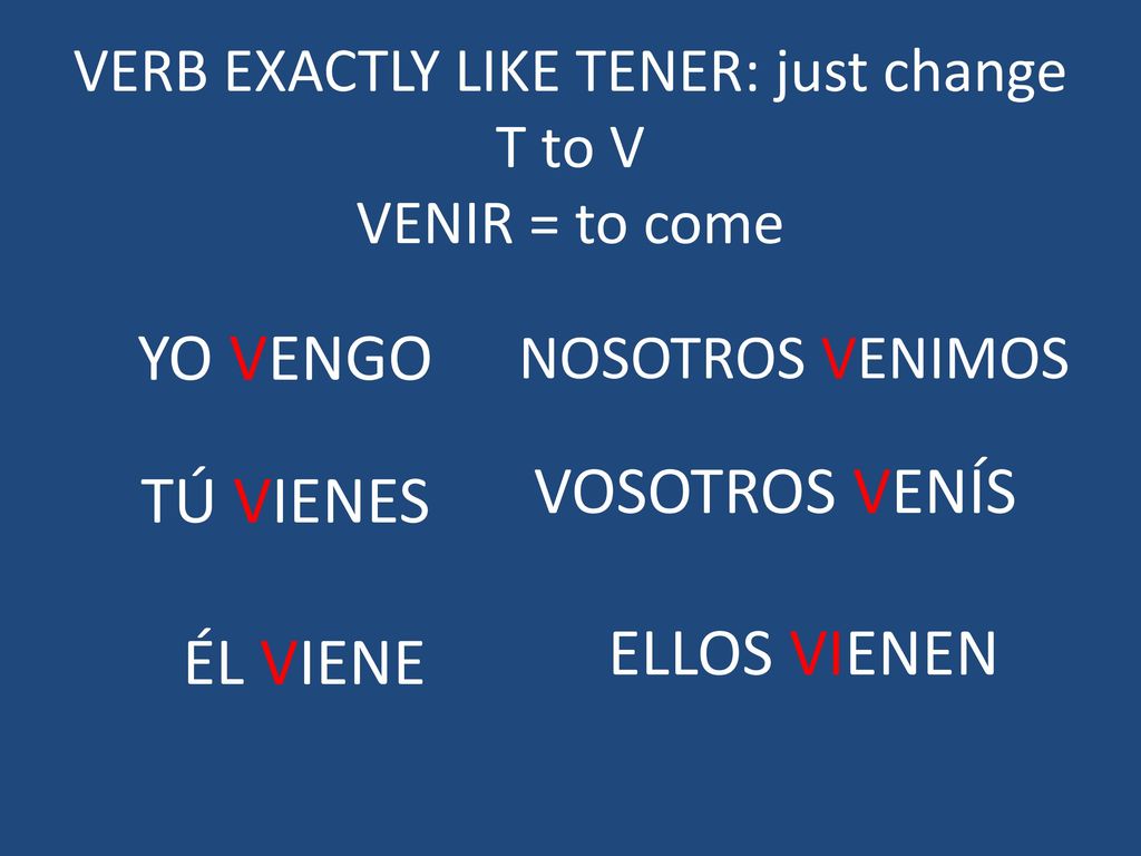 VERB EXACTLY LIKE TENER: just change T to V VENIR = to come