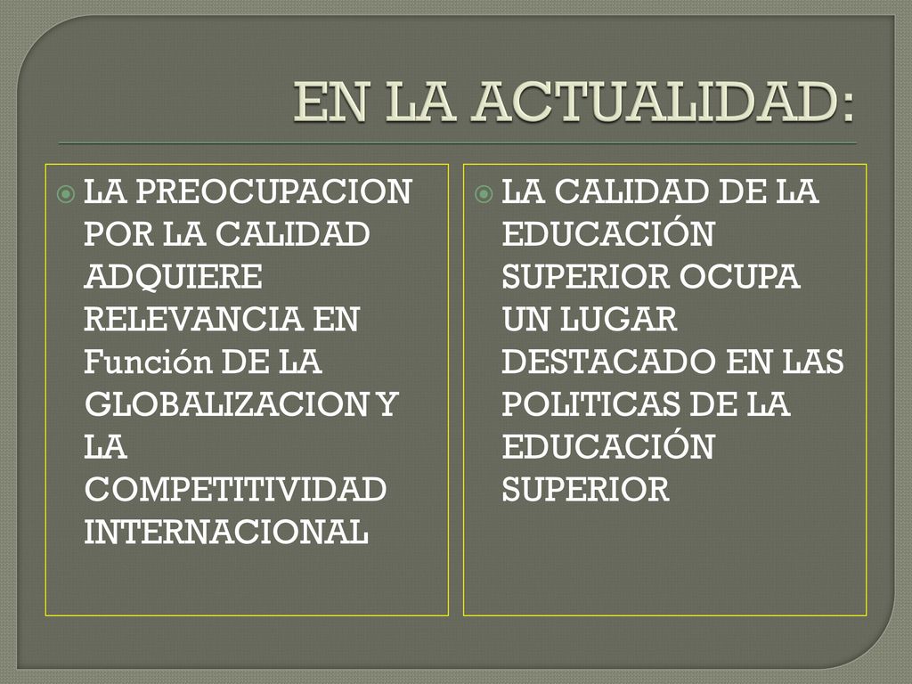 EN LA ACTUALIDAD: LA PREOCUPACION POR LA CALIDAD ADQUIERE RELEVANCIA EN Función DE LA GLOBALIZACION Y LA COMPETITIVIDAD INTERNACIONAL.