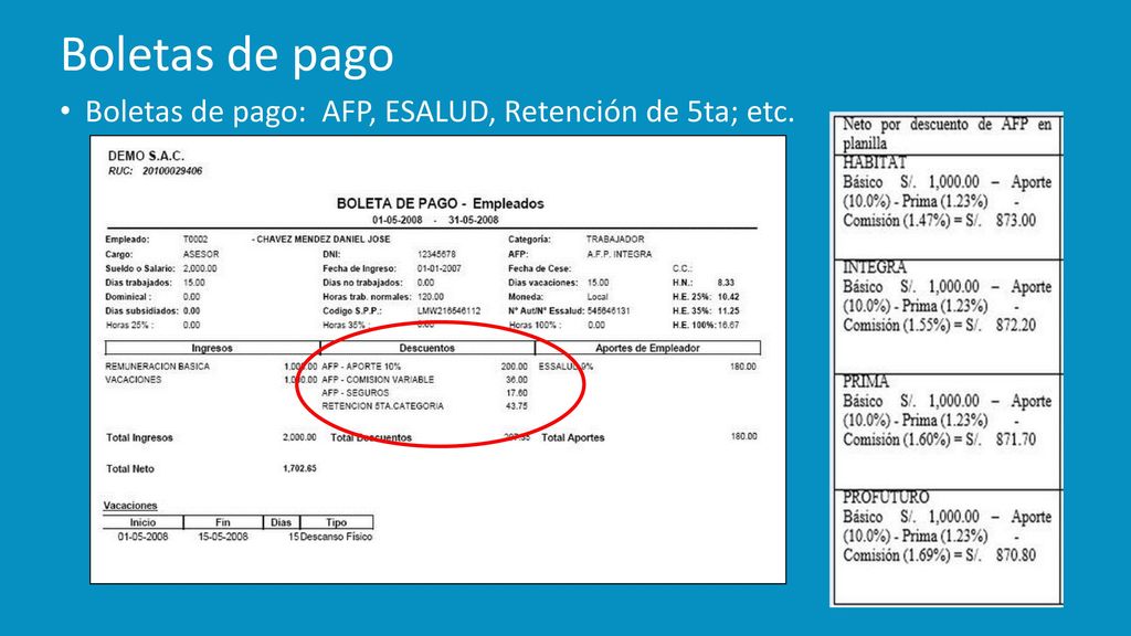Boletas de pago Boletas de pago: AFP, ESALUD, Retención de 5ta; etc.