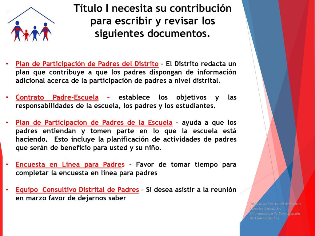 Título I necesita su contribución para escribir y revisar los siguientes documentos.