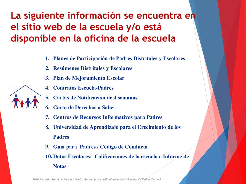 La siguiente información se encuentra en el sitio web de la escuela y/o está disponible en la oficina de la escuela