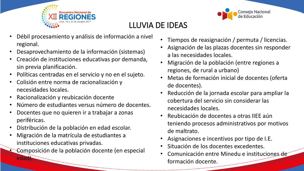 LLUVIA DE IDEAS Débil procesamiento y análisis de información a nivel regional. Desaprovechamiento de la información (sistemas)