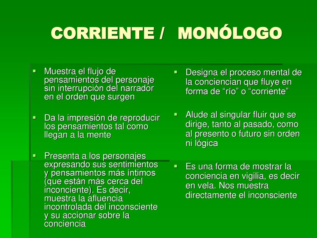 CORRIENTE / MONÓLOGO Muestra el flujo de pensamientos del personaje sin interrupción del narrador en el orden que surgen.