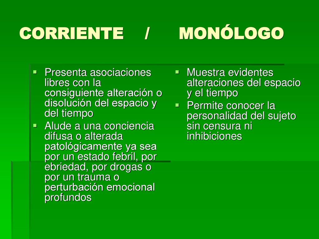 CORRIENTE / MONÓLOGO Presenta asociaciones libres con la consiguiente alteración o disolución del espacio y del tiempo.
