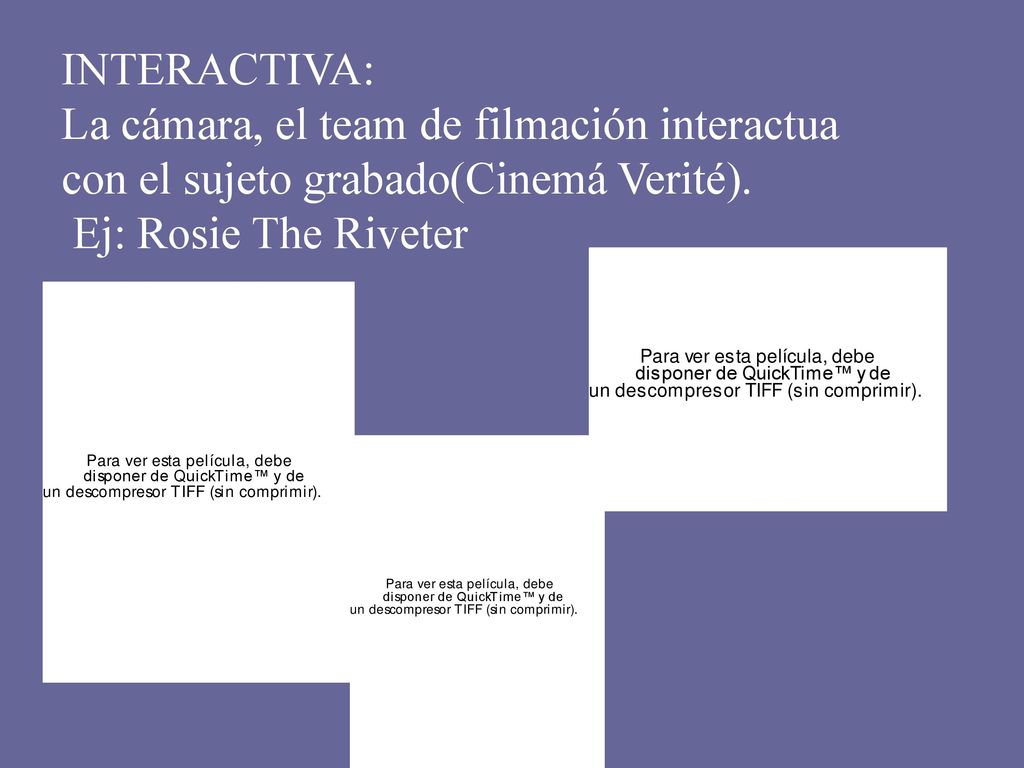 INTERACTIVA: La cámara, el team de filmación interactua con el sujeto grabado(Cinemá Verité).