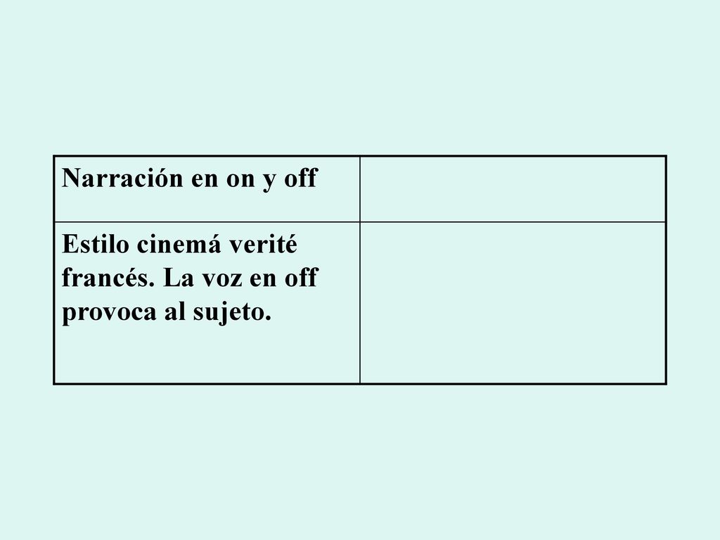 Narración en on y off Estilo cinemá verité francés. La voz en off provoca al sujeto.