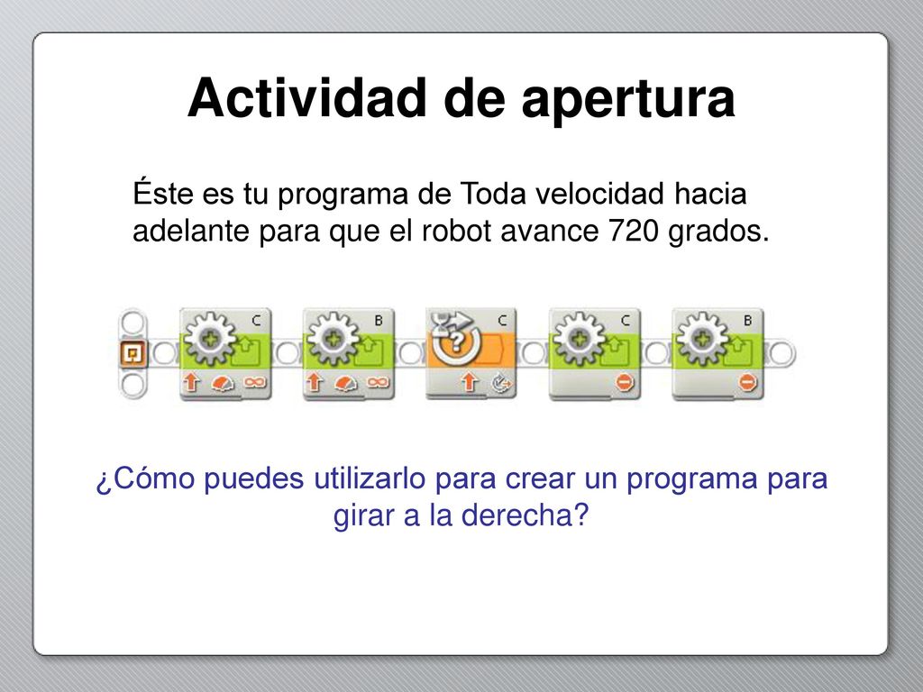 Actividad de apertura Éste es tu programa de Toda velocidad hacia adelante para que el robot avance 720 grados.