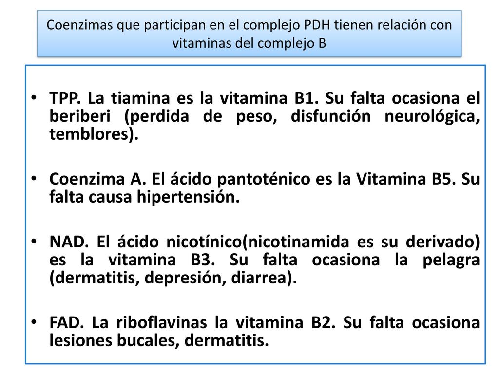 Coenzimas que participan en el complejo PDH tienen relación con vitaminas del complejo B