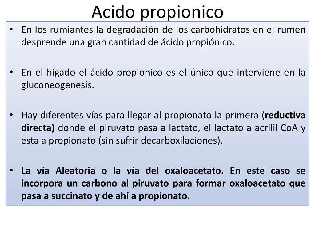 Acido propionico En los rumiantes la degradación de los carbohidratos en el rumen desprende una gran cantidad de ácido propiónico.