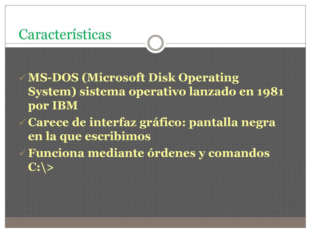 Características MS-DOS (Microsoft Disk Operating System) sistema operativo lanzado en 1981 por IBM.